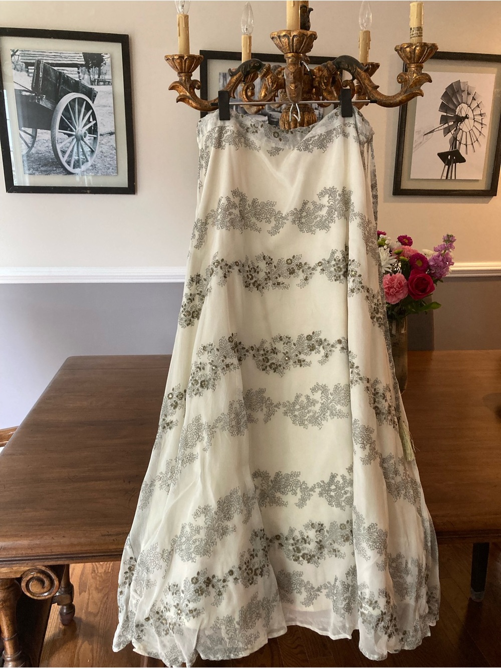 Soft Surroundings Ivory Maxi Skirt with Silver Floral Lace